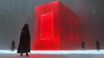 Futuristic Figure Facing a Glowing Monolithic Red Structure in a Dim Setting photo