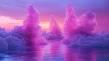 Vivid Purple Clouds Reflecting on a Tranquil Water Surface at Sunset photo
