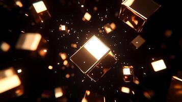 Glowing Golden Cubes Floating in a Dark Space with Sparkling Particles photo