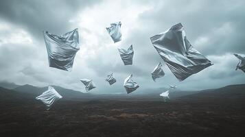 Floating Metallic Abstract Shapes Over a Vast Open Landscape photo
