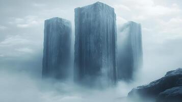 Mysterious Towering Structures Emerging Through Ethereal Mist in a Surreal Landscape photo