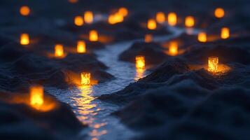 Glowing Lanterns Floating in a Serene River at Night, Conceptual Art photo