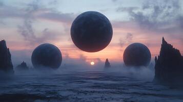 Surreal Landscape with Floating Orbs at Dusk in Mystical Atmosphere photo