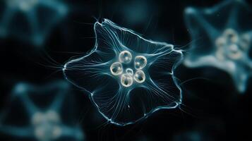 Abstract Glow of Microscopic Bioluminescent Jellyfish Clusters on Dark Background photo