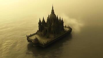 Mysterious Floating Temple on Reflective Misty Waters in Golden Light photo