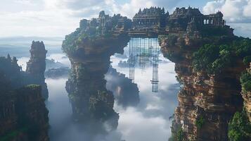 Majestic Bridges Over Misty Chasms with Antique Architecture photo
