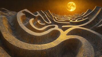 Abstract Labyrinth Landscape with Wireframe Design and Golden Sunlight photo