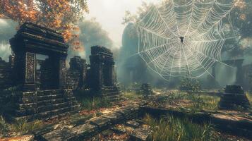 Ancient Ruins with Spiderweb in Enchanted Autumn Forest Scenery photo
