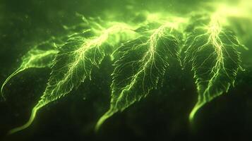 Glowing Green Leaves Displaying Vivid Electric Detailing in Luminescent Environment photo