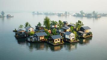 Eco-Friendly Floating Community with Solar-Powered Homes on Calm Water Surface photo