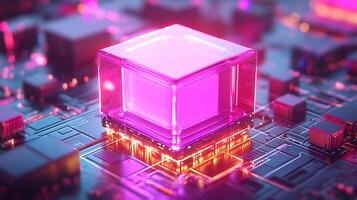 Abstract Glowing Cube on a Futuristic Circuit Board Surface photo