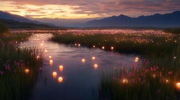Magical Sunset Scene With Illuminated Lanterns On a Calm River photo