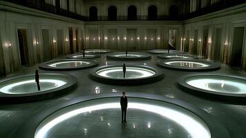 Illuminated Circular Pools Inside Spacious Elegant Hall With Atmospheric Lighting photo