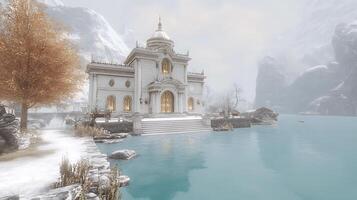Elegant Temple By a Tranquil Lake in a Winter Setting photo