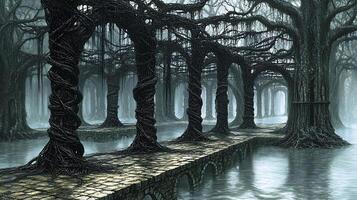Enchanted Forest Bridge with Twisted Trees Reflecting in Mystical Waters photo