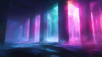 Vivid Neon Light Beams in an Ancient Architecture with Mystical Atmosphere photo