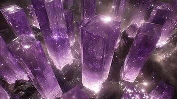 Majestic Amethyst Crystals Emanating Ethereal Glow in a Mystical Setting photo