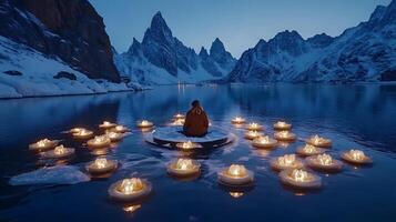 Serene Winter Scene of Candles Floating in a Calm Mountain Lake photo