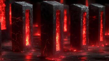 Dramatic Monolithic Structures with Glowing Red Interiors in a Mystical Setting photo
