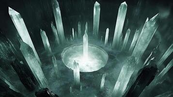 Enchanting Crystal Landscape with Towering Light-Reflecting Structures in Mystical Atmosphere photo
