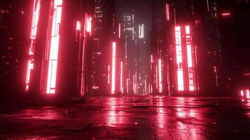 Dystopian Neon Cityscape with Vertical Light Structures and Reflective Surfaces photo