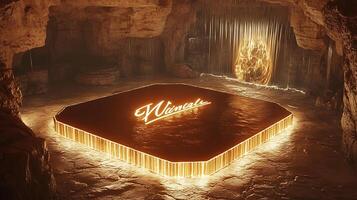 Glowing Geometric Formation in Mystical Cavern with Illuminated Waterfall photo