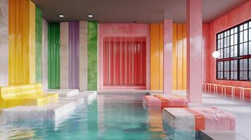 Colorful Indoor Pool with Modern Design and Resting Area photo