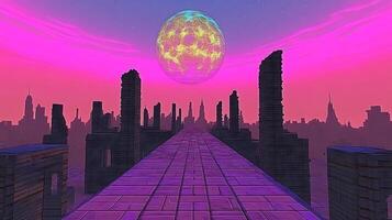 Surreal Futuristic Cityscape with Vibrant Sky and a Glowing Planet photo