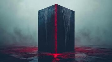 Mysterious Black Monolith with Red Glow in Foggy Landscape photo