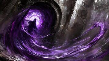 Mysterious Figure Using Purple Energy in an Ancient Stone Structure photo