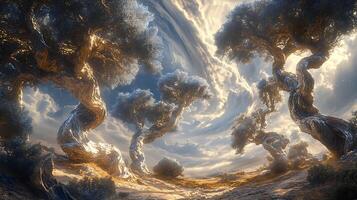 Surreal Twisted Trees Under a Whimsical Cloudscape in Golden Light photo