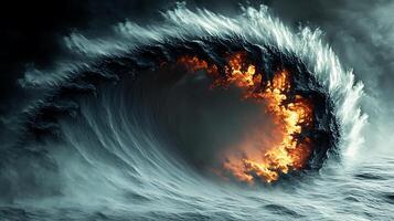 Surreal Fiery Wave with Dramatic Ocean Elements and Powerful Energy photo