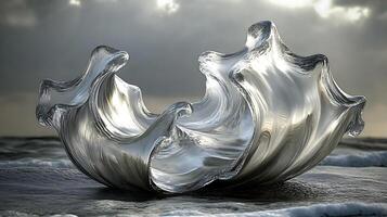 Abstract Glass Sculpture Inspired by Ocean Waves at Twilight photo