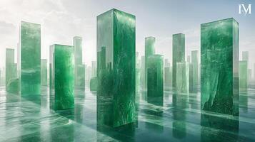 Emerald Glass Columns Reflecting Under a Bright Sky in a Serene Landscape photo