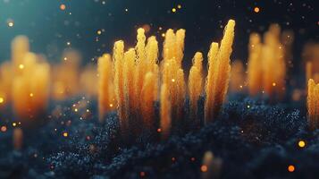 Golden Microbial Growth Structures in Abstract Depth with Glowing Particles photo