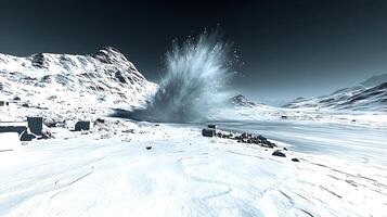 Snow-Covered Mountain Scenery with a Powerful Explosion in the Distance photo