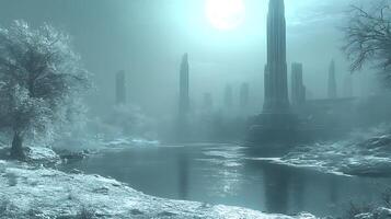 Winter Landscape with Frosted Trees and Mysterious Towering Structures photo