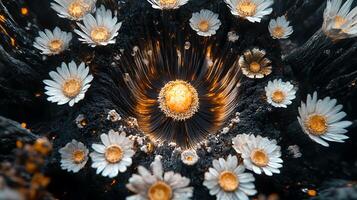 Dynamic Floral Scene Featuring Blooming Daisies Around a Fiery Core photo