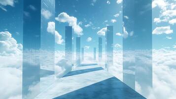 Surreal Pathway Through Glass Structures Among Clouds With Blue Sky photo