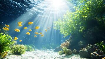 Sunlit Underwater Scene with Vibrant Coral Reef and Tropical Fish photo