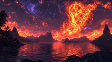 Vibrant Cosmic Landscape with Glowing Clouds Over Scenic Mountains and Water photo