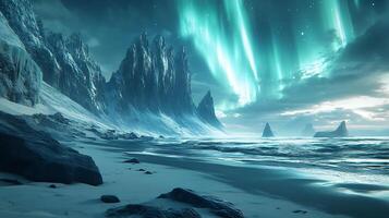 Magical Northern Landscape with Aurora Over Snowy Peaks and Ocean Shore photo