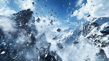 Dynamic Snow Avalanche on Rugged Mountain Peaks Under Clear Blue Skies photo