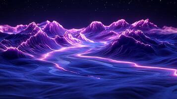 Luminous Terrain with Flowing Neon Streams Under a Night Sky photo