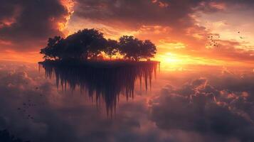 Floating Island with Lush Trees Amidst Vibrant Sunset and Tranquil Clouds photo