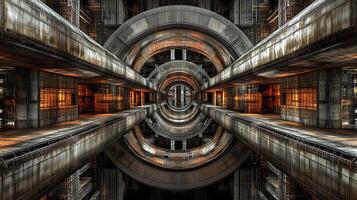 High-Density Futuristic Industrial Structure With Illuminated Metallic Details and Symmetric Design photo