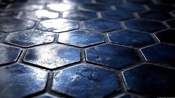 Close-Up of Wet Hexagonal Tile Pattern with Reflective Surface in Blue Tones photo