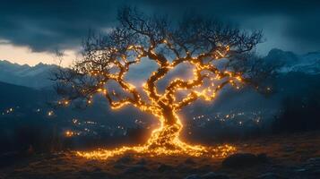 Scenic Tree Illuminated with Lights Amid a Twilight Mountain Landscape photo