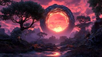 Mystical Sunset Over a Futuristic Forest Landscape With Glowing Circular Structure photo