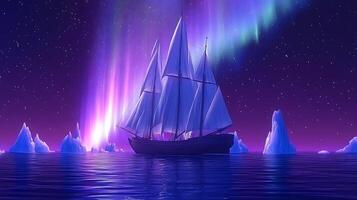 Mystical Sailing Ship Under Aurora Borealis in Arctic Waters photo